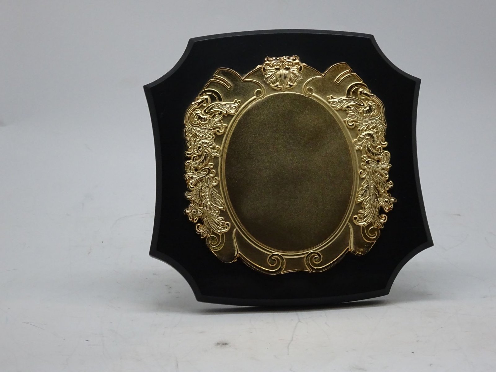 درع معدني ذهبي على خشب